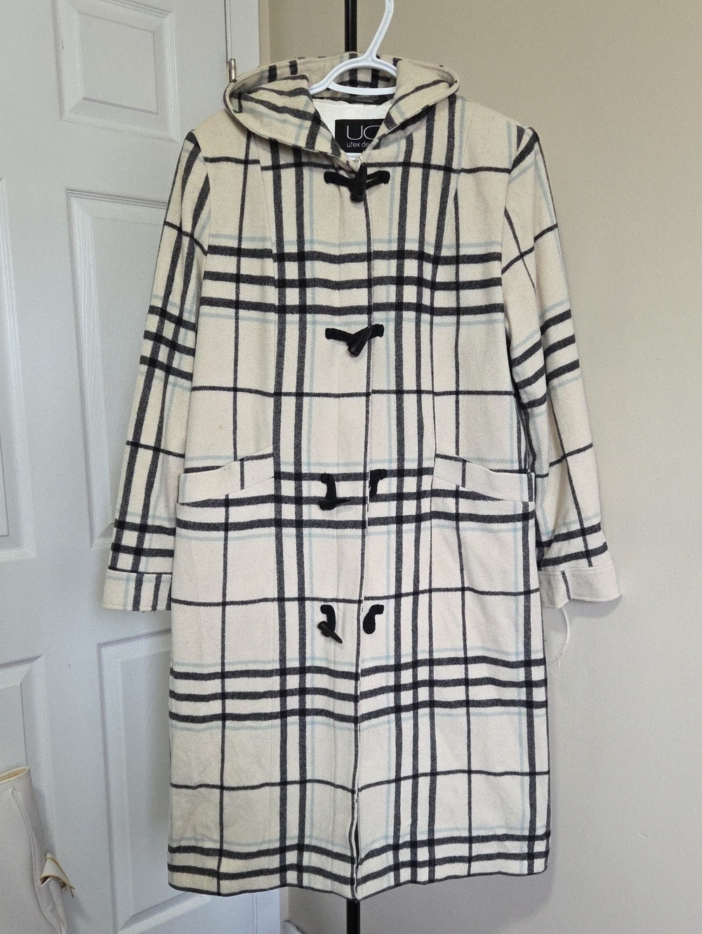 Utex Cream and Black Plaid Hooded Toggle Trench Coat